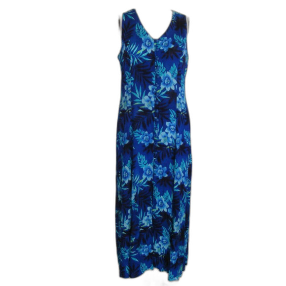 Vintage DAWN JOY Maxi Dress, 7/8, Blue Floral, Crossed back, Buttons, Sleeveless - Picture 9 of 12